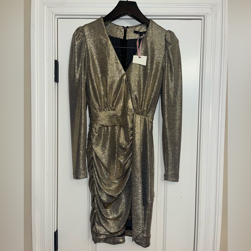 NWT Alex Marie Chrissy Metallic Knit Surplice V Neck Long Sleeve Faux Wrap Dress - Picture 2 of 9